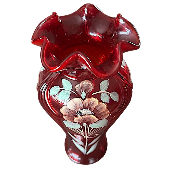 FENTON Vintage Cranberry Feather Vase 11” Hand Painted Signed Floral Design - Picture 4 of 8